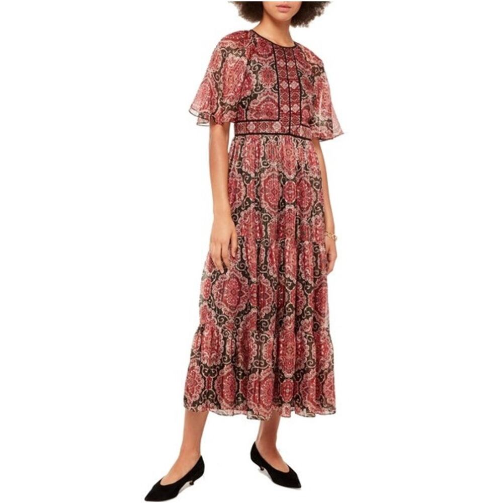 Kate Spade Medallion‎ Metallic Silk Blend Midi Dress Flutter Sleeve Size 4